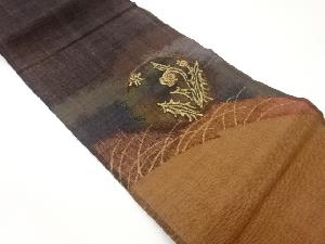 手織り真綿紬丸文に抽象草花模様織出し名古屋帯